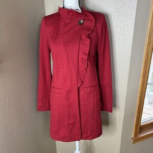 Cabi Coat Womens Small Red Houndstooth Asymmetrical Ruffle Collar‎ Jacket